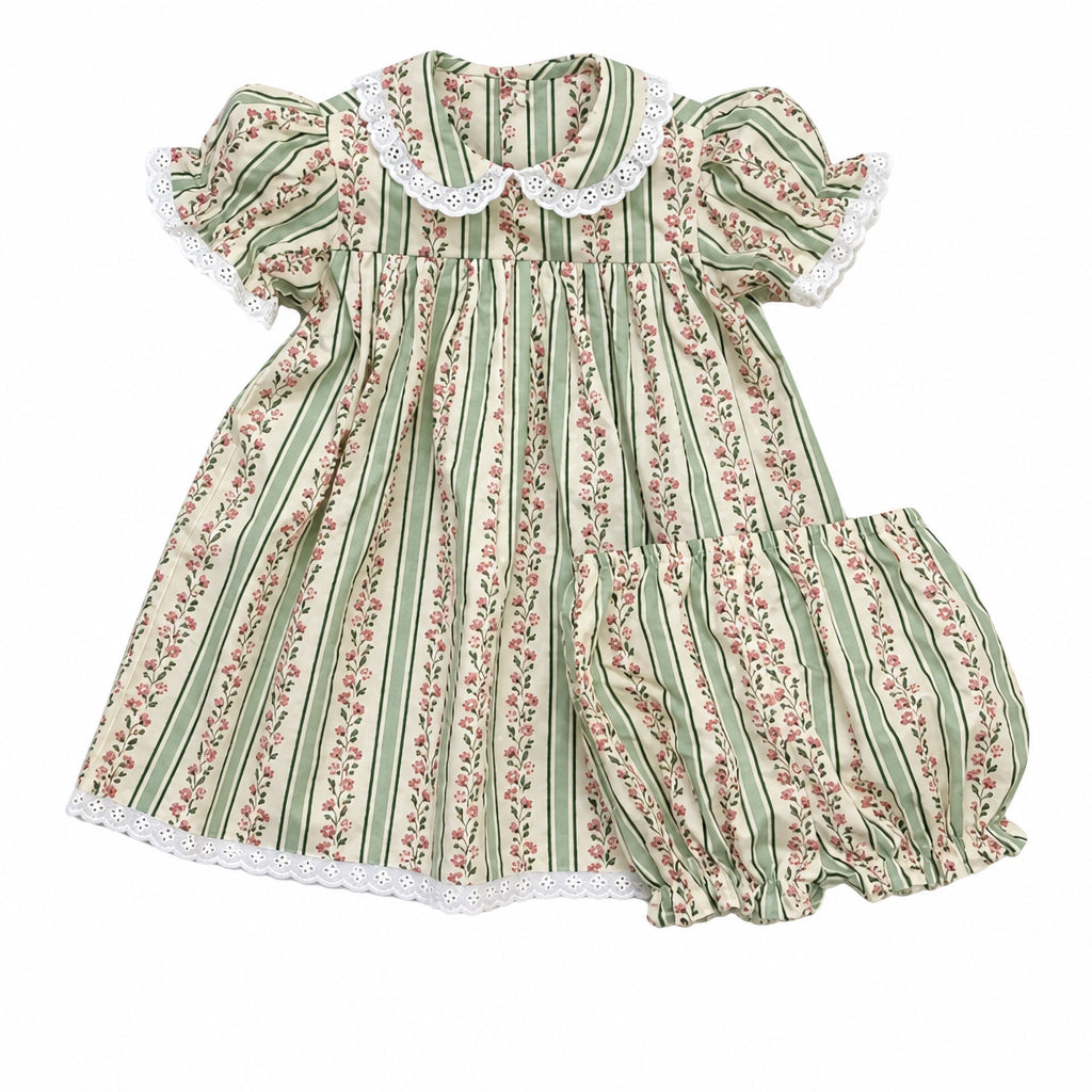 Classic Floral Stripe Dress and matching bloomers with smocked bodice, lace trim, and puff sleeves