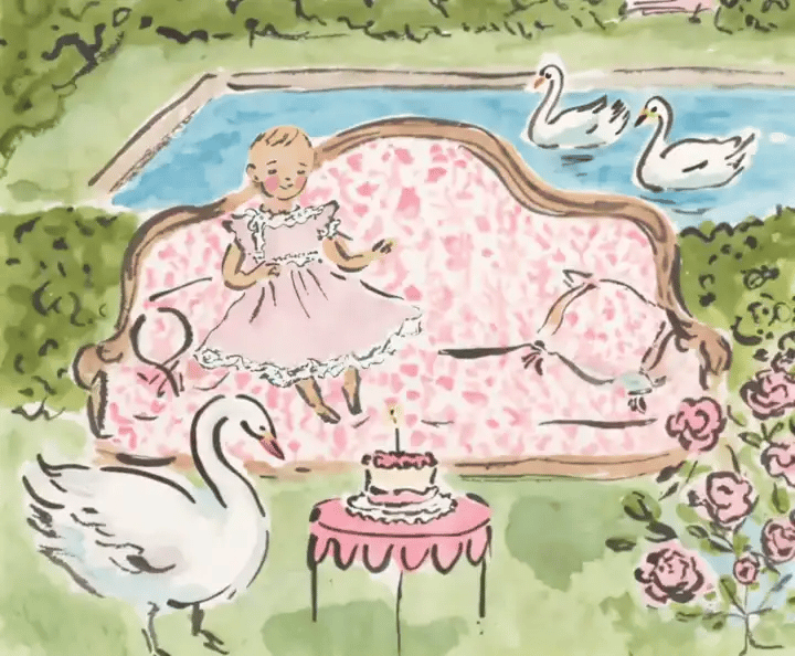 Watercolor of Eloise waving from a pink sofa in a garden, with swans, a pool, and her birthday cake