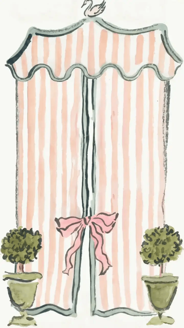 Hand-painted pink striped tent whose bow unties and curtains open, with a swan on top and a topiary on each side